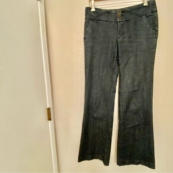 Maurices mid rise dark chambray blue jeans fabric button boot cut 7/8 Long - Picture 2 of 11